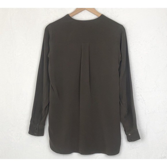 VINCE 100% Silk Tunic Top Women's Sz 4 Brown Long Sleeve Popover V-Neck Luxury - Picture 3 of 12